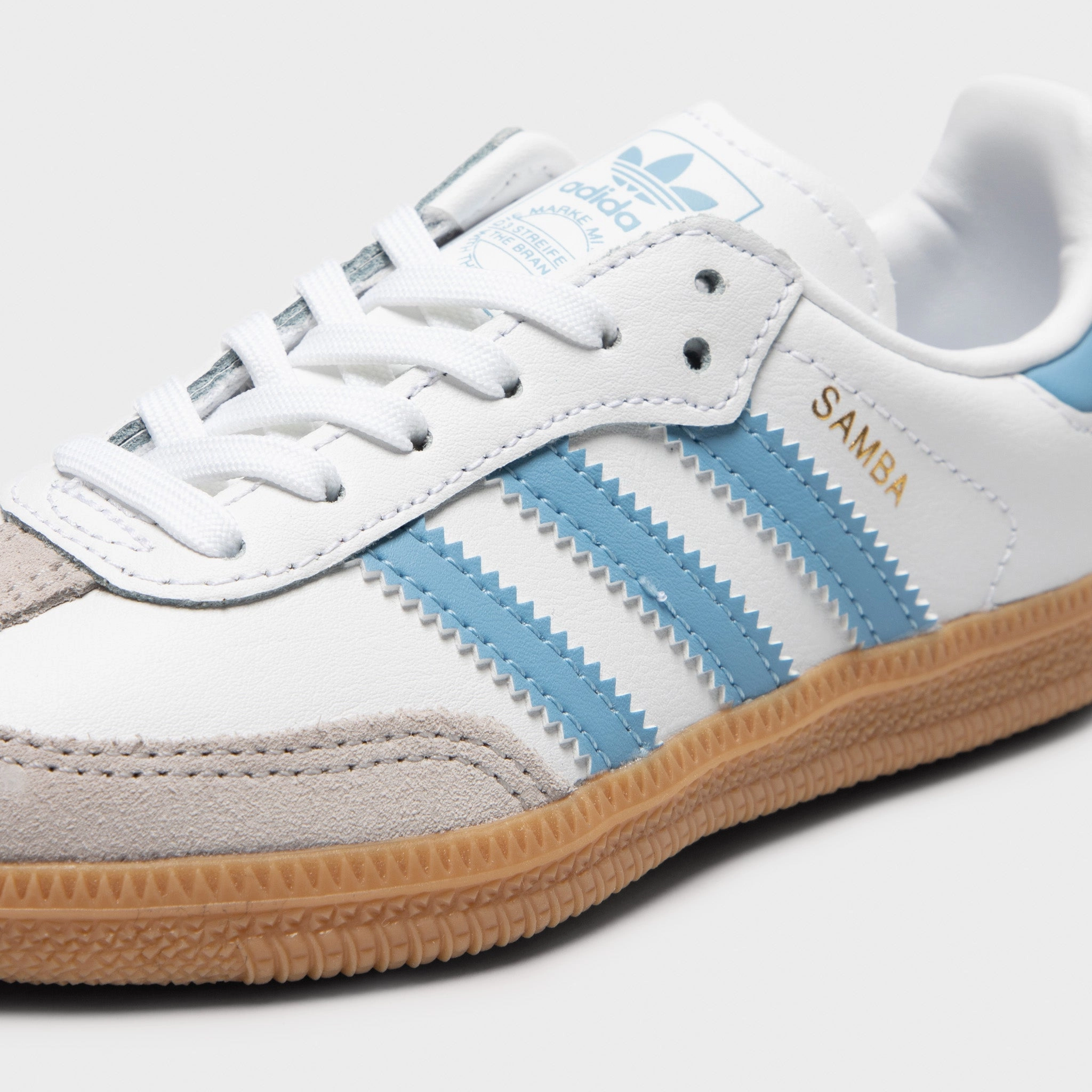adidas Children's Samba OG White / Ash Blue - Gum Perforated Upper Design Speed Comfort
