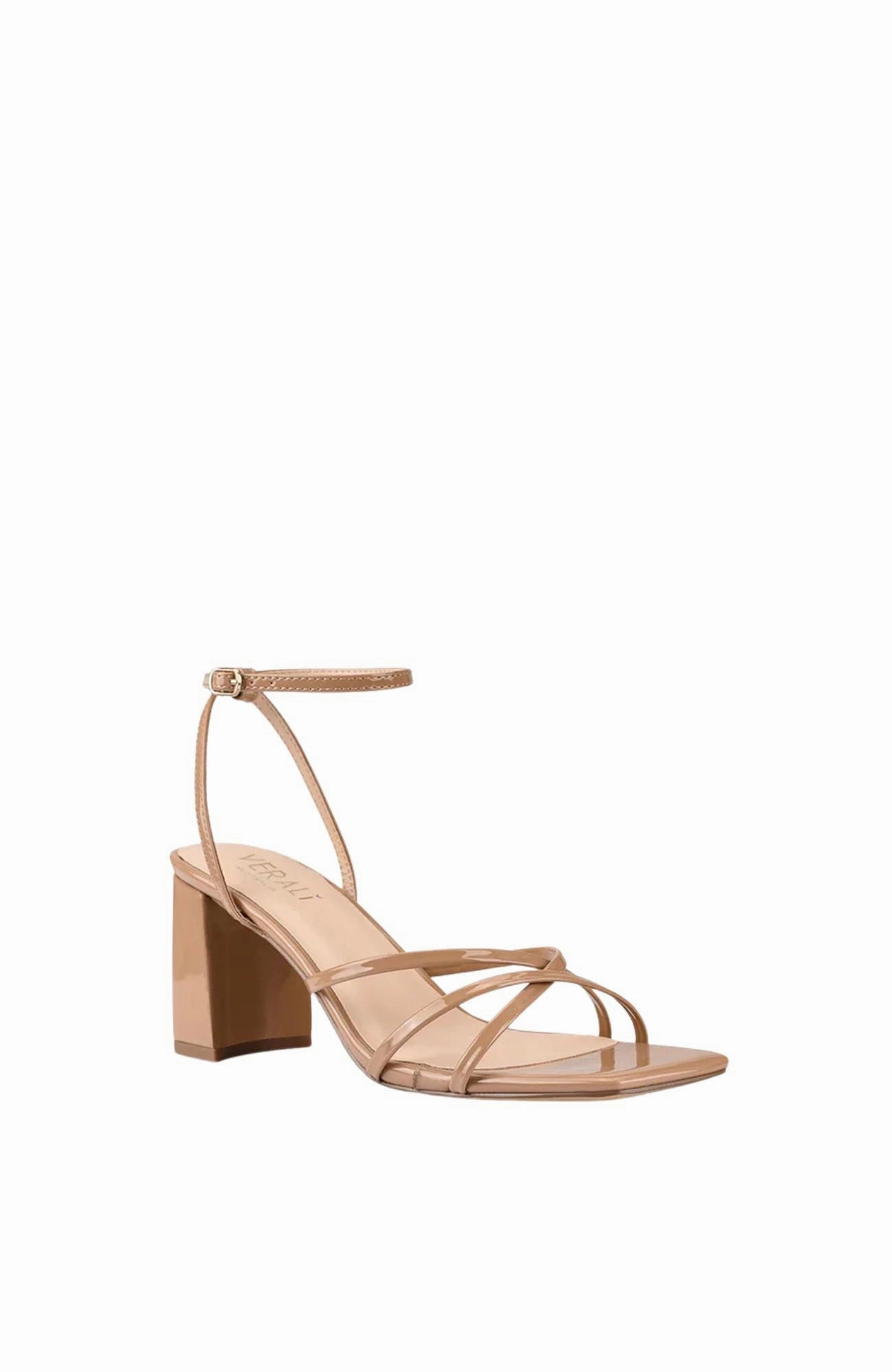 Milan Edge Nakita Block Heel Sandal Dark Camel Patent