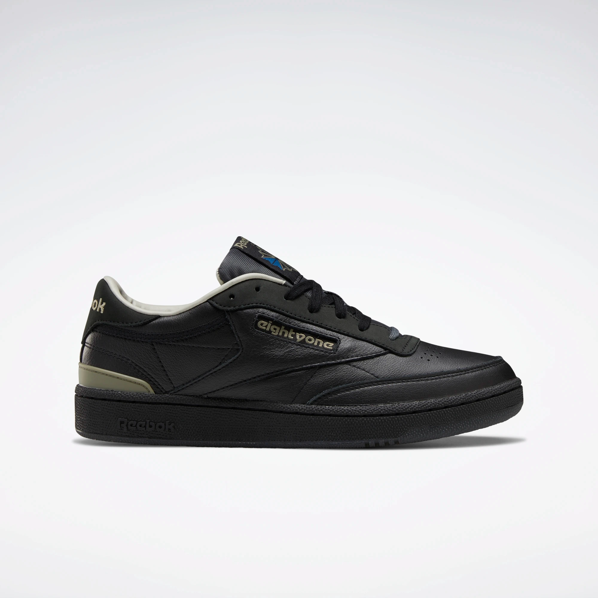PaddedCollar Stretch Loops Reebok Men's Club C 85 Shoes - Black / Khaki / The Blues