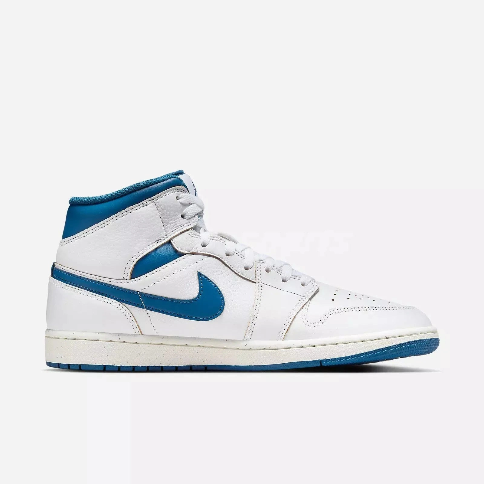 Nike Men's Air Jordan 1 Mid SE Shoes - White / Sail / Industrial Blue Neutral Tone Options Anatomically Shaped Footbed