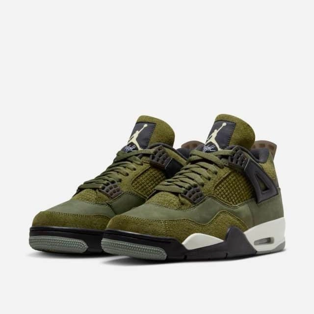 Nike Men's Air Jordan 4 Retro SE Shoes - Olive Green / Vanilla / Khaki / Black / Sail Neutral Pace Impact Resistant Toe Guard