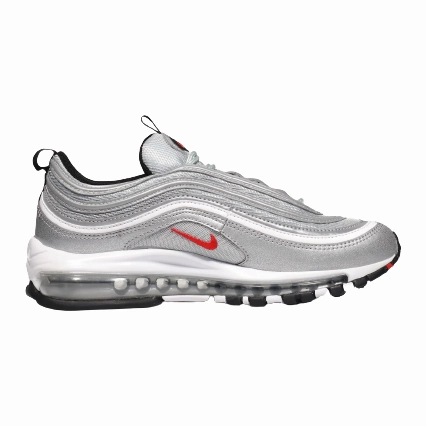 Nike Men's Air Max 97 OG Shoes - Metallic Silver / University Red / Black Stretch Woven Collar Stitch Free Uppers