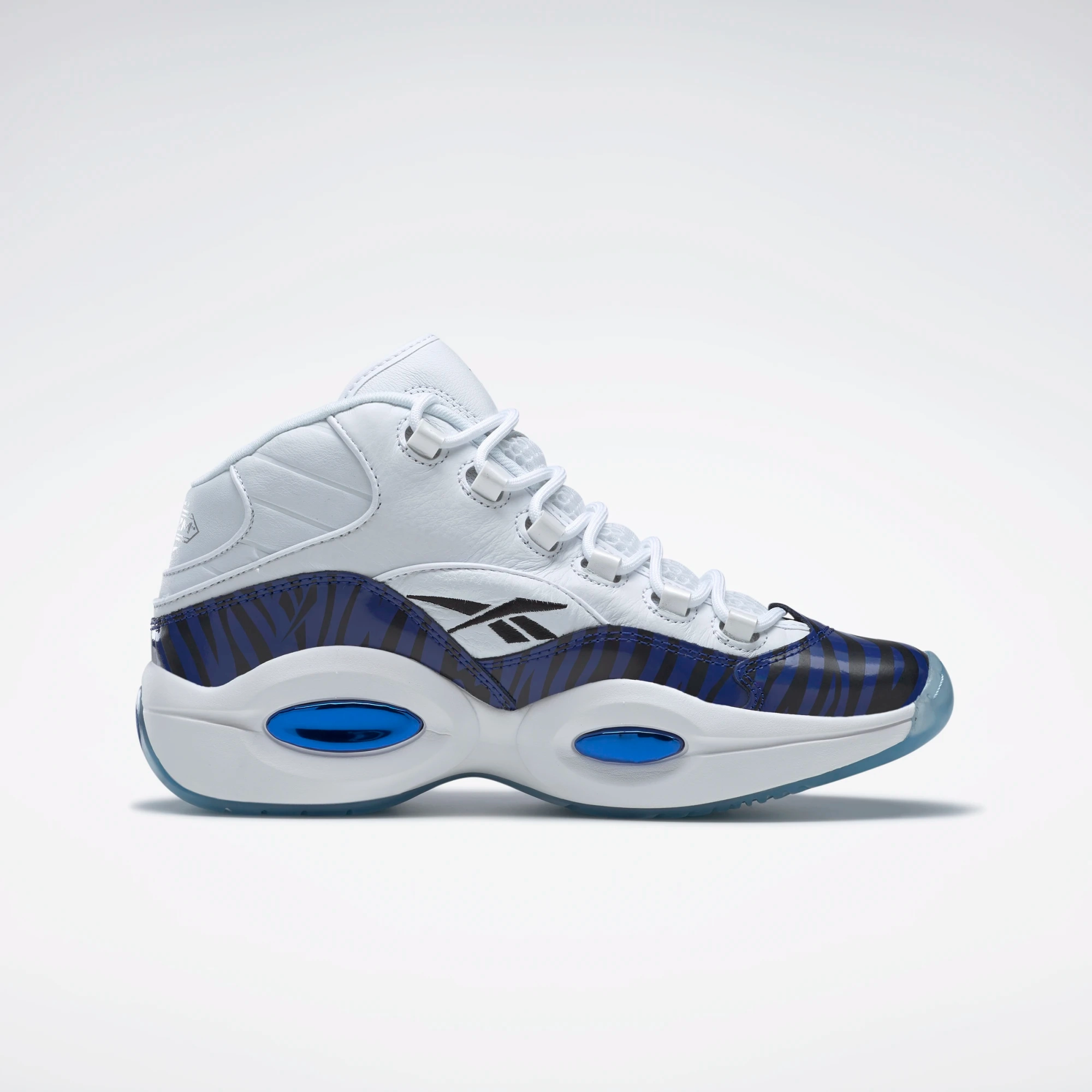 Indoor Wear Non Marking Sole Reebok Men's Panini Question Mid Basketball Shoes - Ftwr White / Classic Cobalt / Core Black