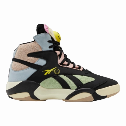 Layered Support Airflow Ventilation Reebok Men's Smiley Shaq Attaq Shoes - Core Black / Dreamy Blue / Stinger Yellow