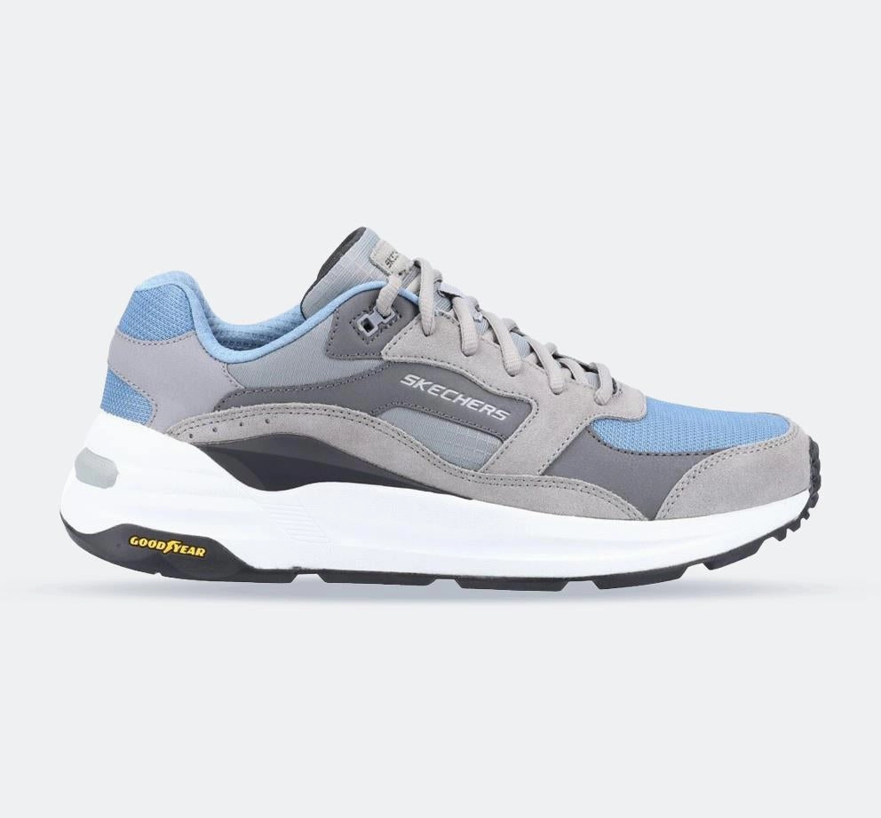 Men's Wide Fit Skechers 237200 Global Jogger Trainers - Grey/Blue Wind Resistant couple wear