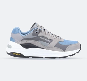 Men's Wide Fit Skechers 237200 Global Jogger Trainers - Grey/Blue Wind Resistant couple wear