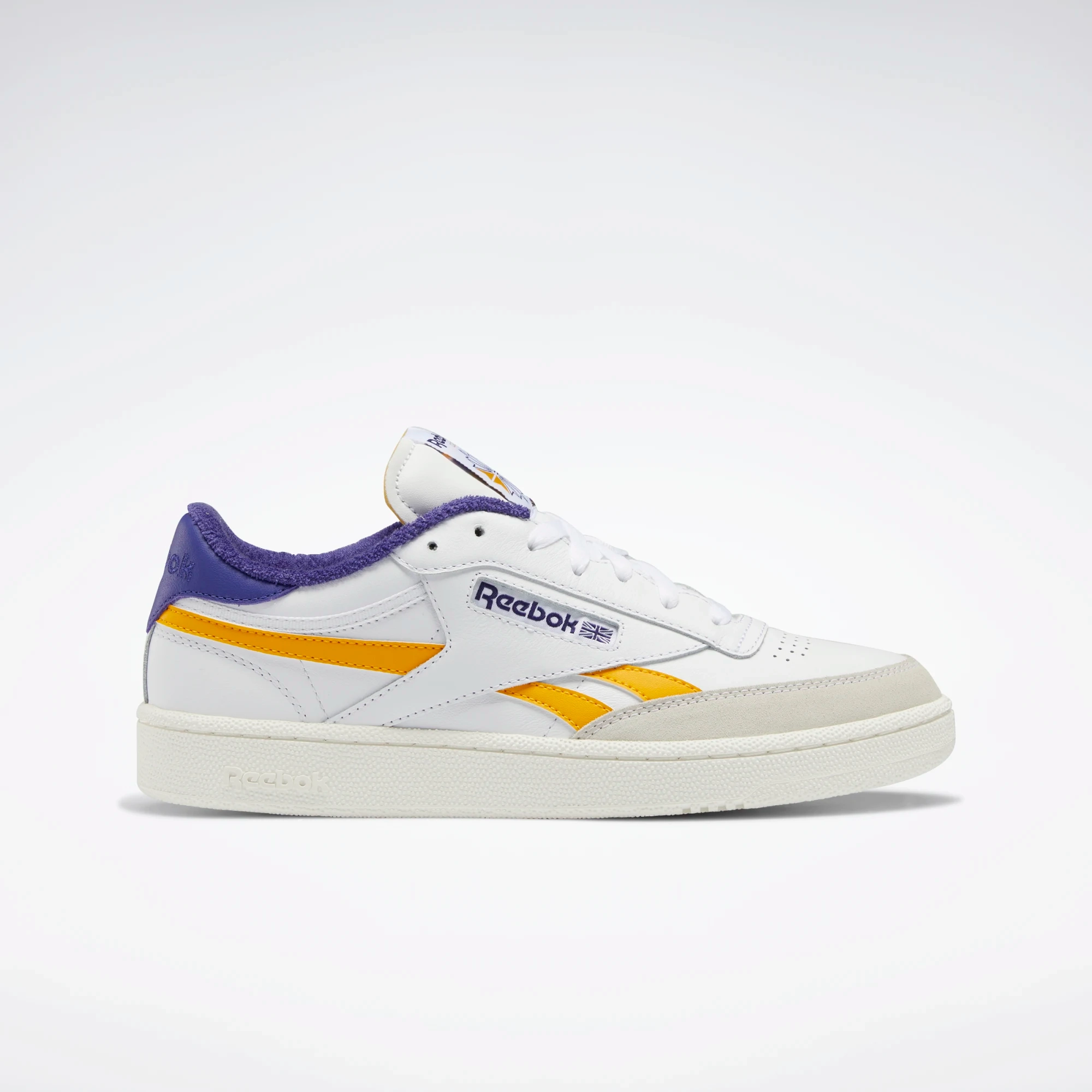 Athleisure Fit Street Style Reebok Men's Club C Revenge Shoes - Cloud White / Collegiate Gold / Bold Purple