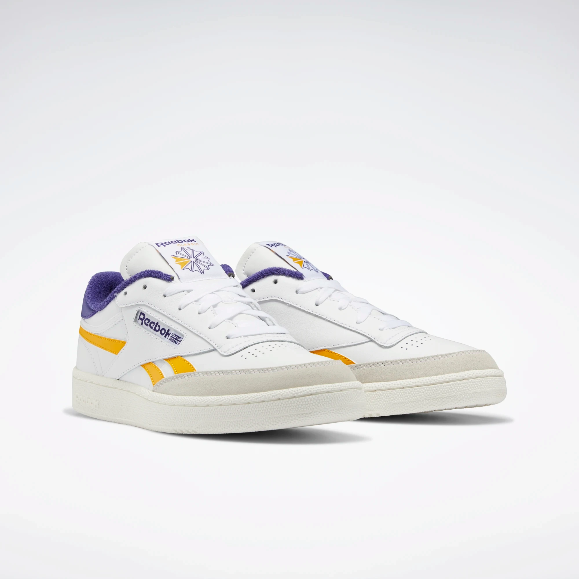 Lightness Reebok Men's Club C Revenge Shoes - Cloud White / Collegiate Gold / Bold Purple