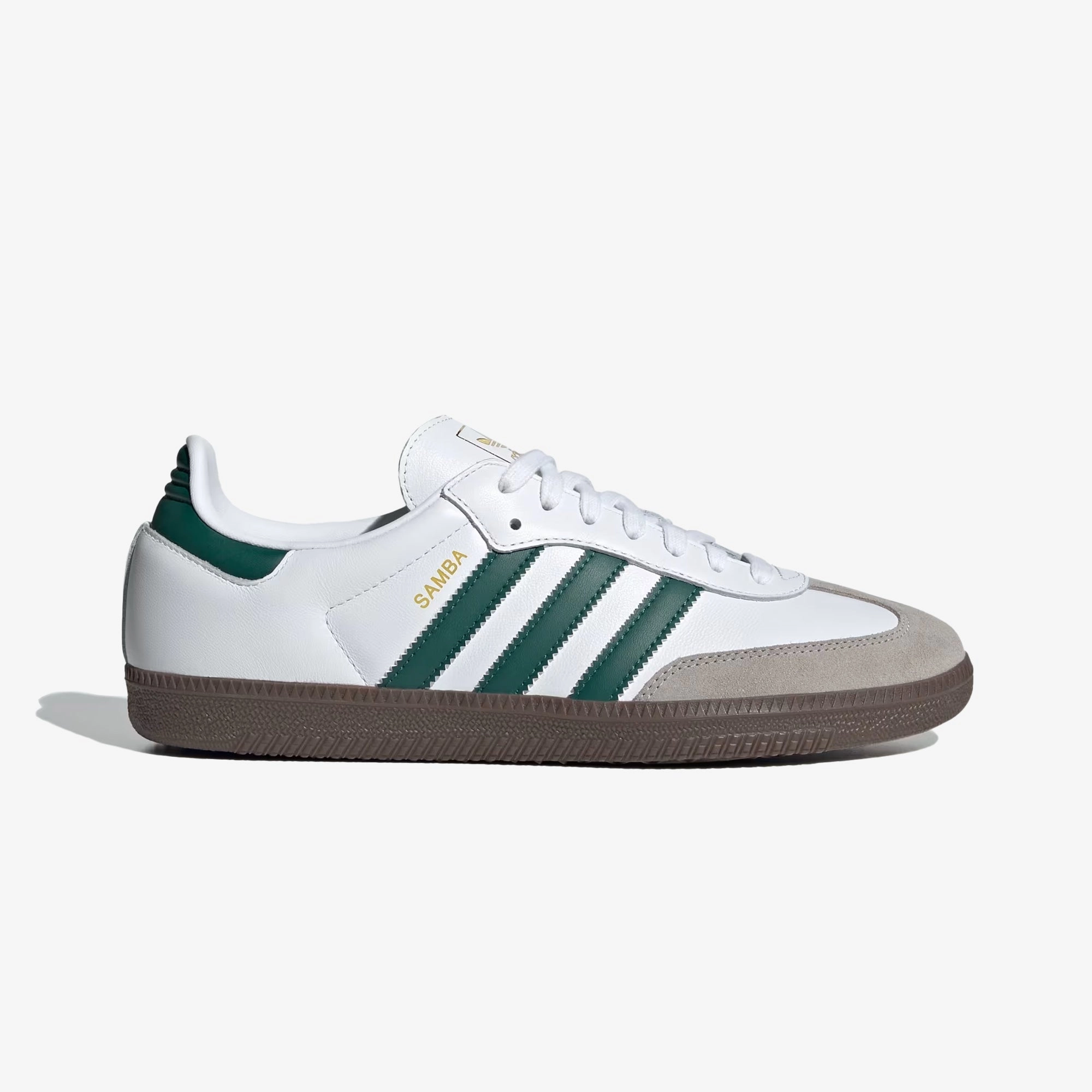 ADIDAS ORIGINALS | SAMBA OG { CLOUD WHITE/GREEN/CLEAR GRANITE Reinforced Stitching Clean Detail