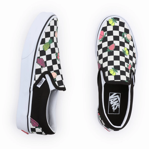 Cushioned Insock Vans Unisex Classic Slip On Fruit Checkerboard Shoes - Black / White